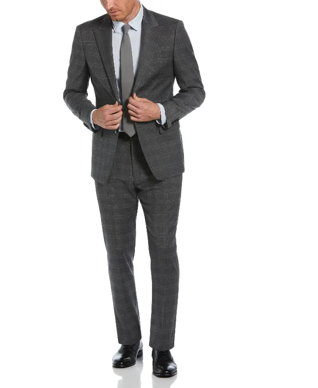 Slim Fit Grey Peak Lapel Deco Plaid Suit