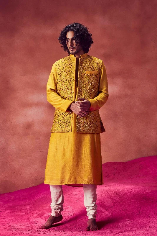 Yellow Kurta andEmrboidered Bundi Set