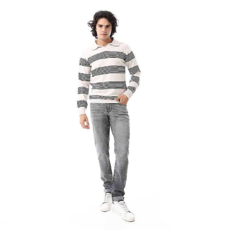 Beige_And_Black_Turn_Down_Collar_Striped_Pullover