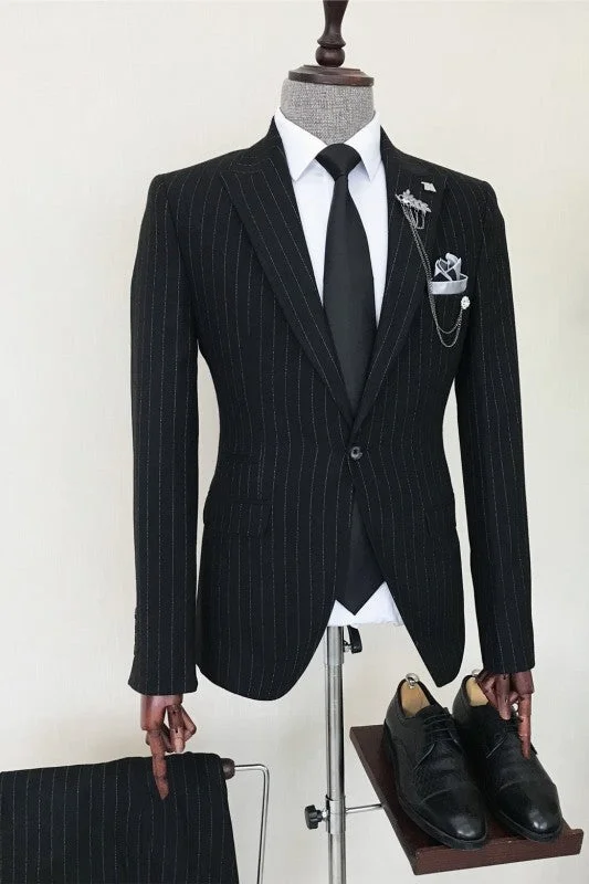 Black Striped Peaked Lapel Business Suits Slim Fit Two Pieces Tuxedos Wedding Groom Prom Suits