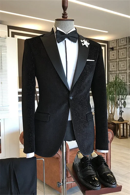 Black Two Pieces Corduroy Prom Suits with Peaked Lapel Formal Wedding Suits for Men