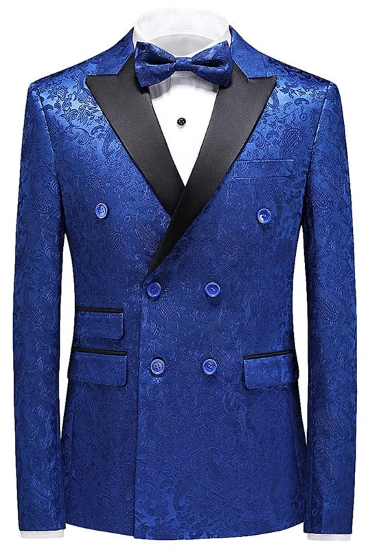 Blue Jacquard Double Breasted Three Pieces Prom Suits Regular Fit Wedding Groom Tuxedos