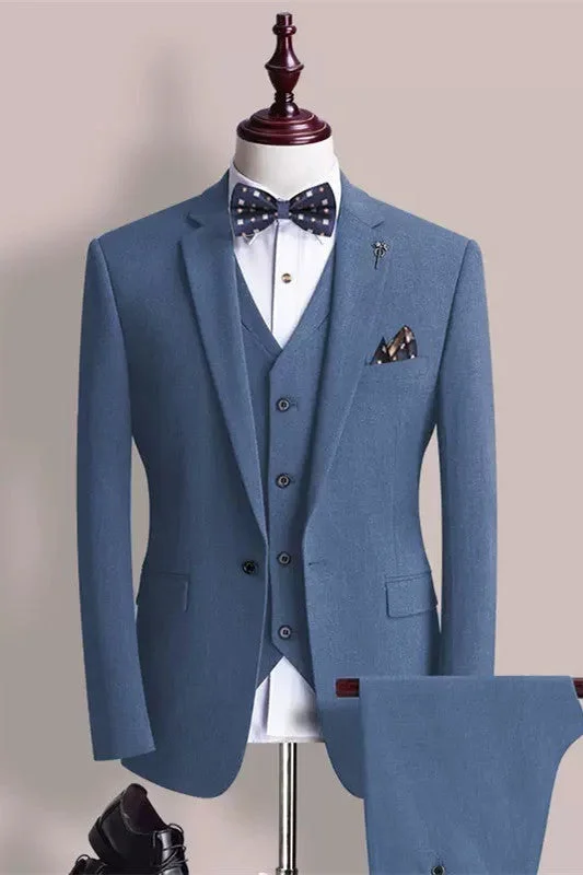 Blue Notched Lapel One Button Three Pieces Prom Suits For Men Wedding Suits