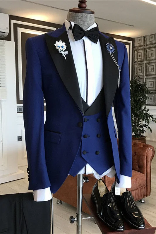 Blue Three Pieces Prom Suits With Black Peaked Lapel Slim Fit Groomen Suits