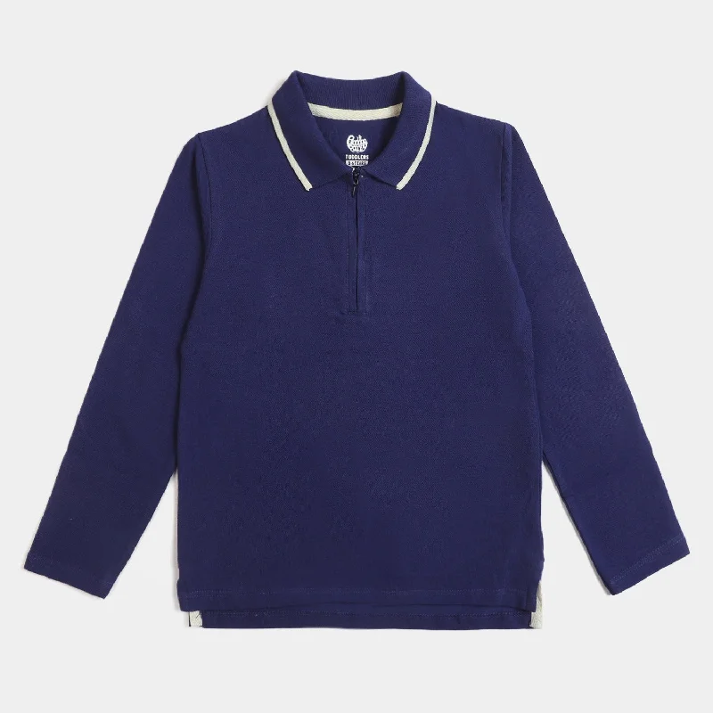 Boys Cotton Polo T-Shirt Half Zip-Navy Blue