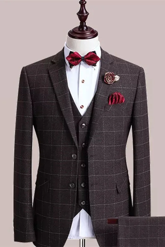 Brown Plaid Three Pieces Men Business Suits Formal Wedding Grooms Suits