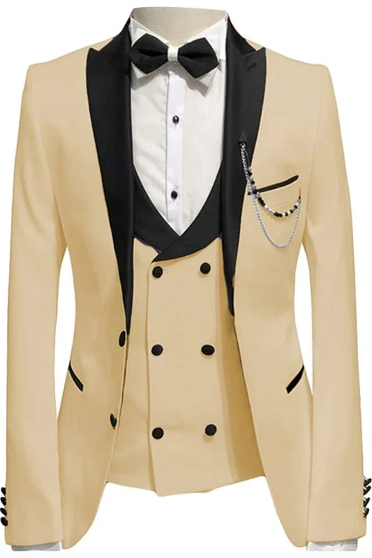 Champagne Three Pieces Slim Fit Prom Suits with Black Peaked Lapel