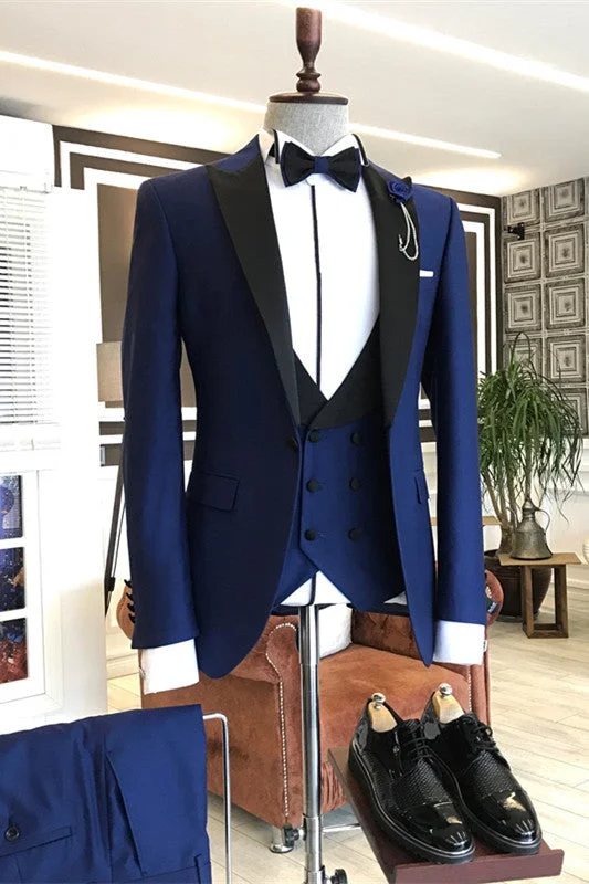 Chic Blue Three Pieces Slim Fit Prom Suits Black Peaked Lapel Wedding Suits