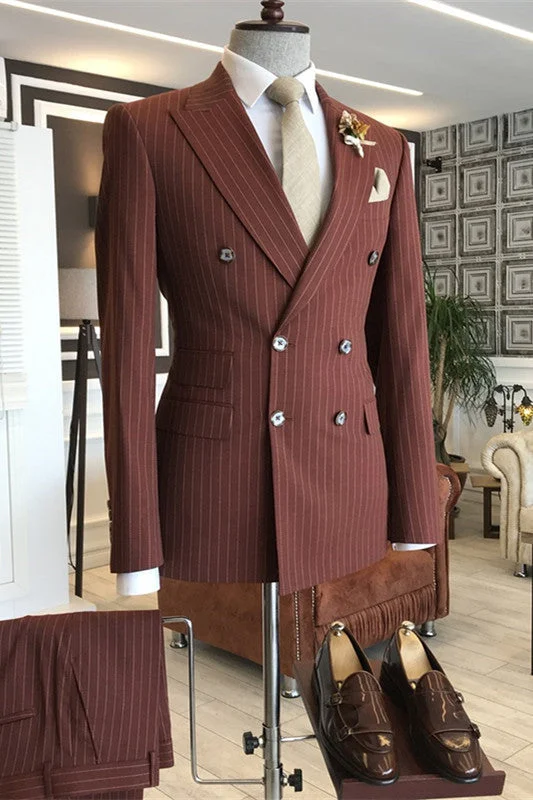 Chic Deep Red Double Breasted Striped Business Suits Peaked Lapel Two Pieces Blazer Pants