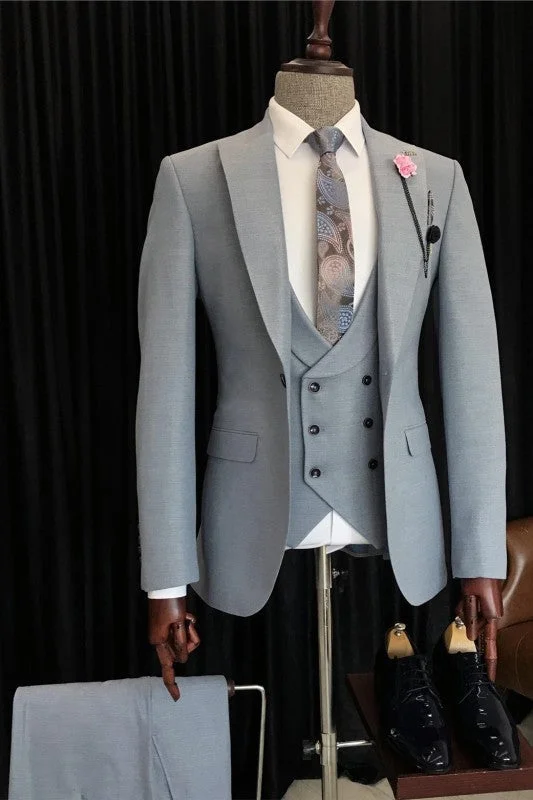 Chic Gray Peaked Lapel Three Pieces Business Suits Formal One Button Wedding Suits