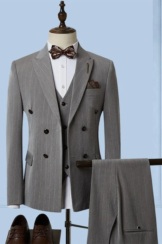 Chic Gray Striped Three Pieces Single Breasted Business Suits with Peaked Lapel Wedding Suits