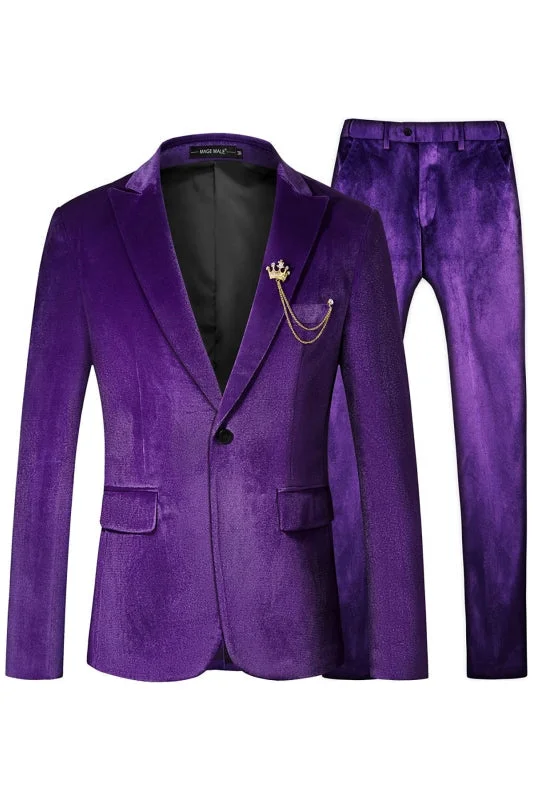 Chic Purple Peaked Lapel Velvet Prom Suits Two Pieces for Men