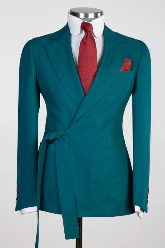 Chic Teal Blue Notched Lapel Two Pieces Prom Suits with Belt Slim Fit Wedding Suits