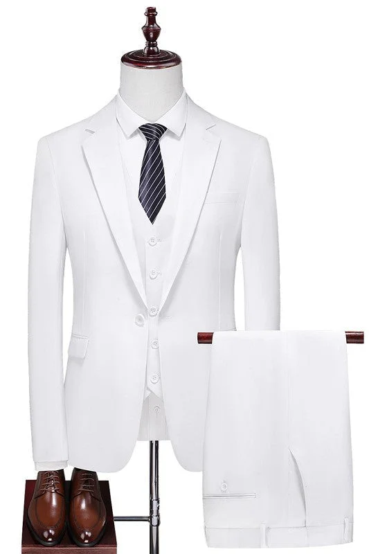 Chic White Notched Lapel Three Pieces Prom Suits One button Wedding Groom Suits