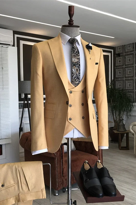 Chic Yellow Peaked Lapel Three Pieces Men Business Suits Slim Fit Prom Suits