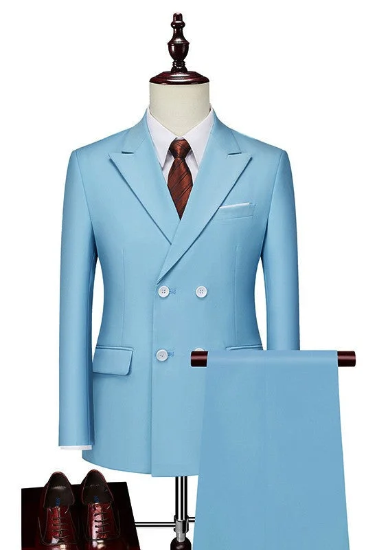 Classical Sky Blue Two Pieces Prom Suits Peaked Lapel Double Breasted Business Men Suits