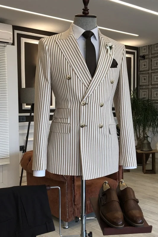 Coffee Striped Double Breasted Business Suits Simple Peaked Lapel Two Pieces Tuxedos Blazer Pants