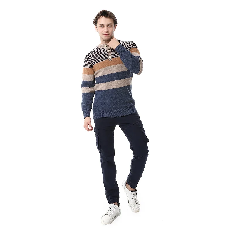 Crew Neck knit pullover Beige & navy blue