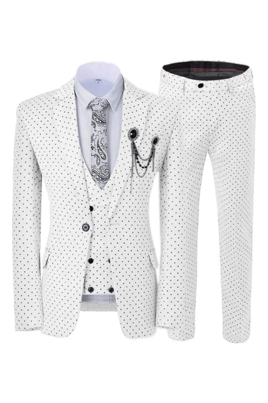 Cutom Made White Notched Lapel Three Pieces Prom Suits With Black Dot Slim Fit Tuxedos