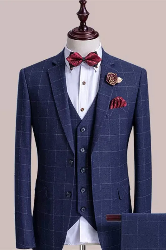 Dark Blue Notched Lapel Plaid Three Pieces Business Suits Formal Tuxedos Wedding Party Groom Blazer Vest Pants