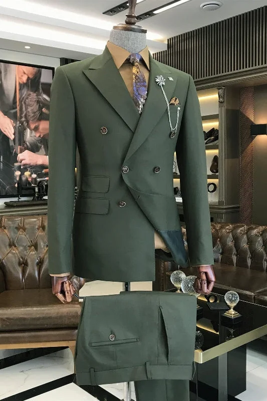 Dark Green Peaked Lapel Double Breasted Prom Suits Reualar Fit Two Pieces Groomen Suits