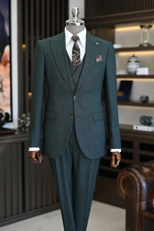 Dark Green Three Pieces Business Suits Peaked Lapel Wedding Suits