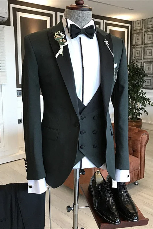 Dark Green Three Pieces Business Suits With Black Peaked Lapel Wedding Groom Suits