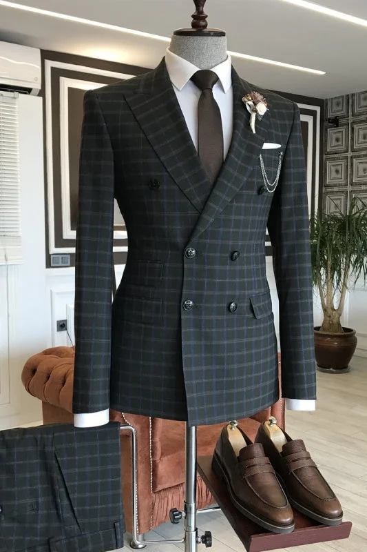 Deep Gray Double Breasted Plaid Business Suits with Peaked Lapel Wedding Groom Suits