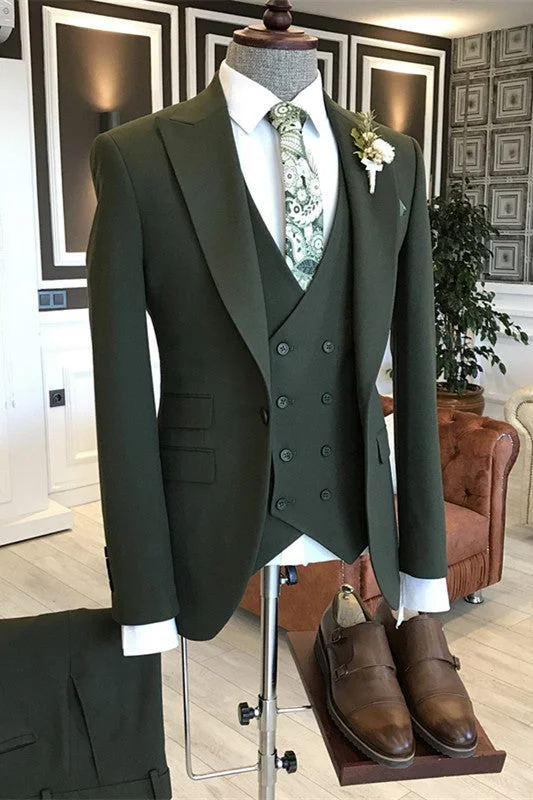 Deep Green Peaked Lapel Slim Fit Prom Suits Three Pieces Wedding Suits