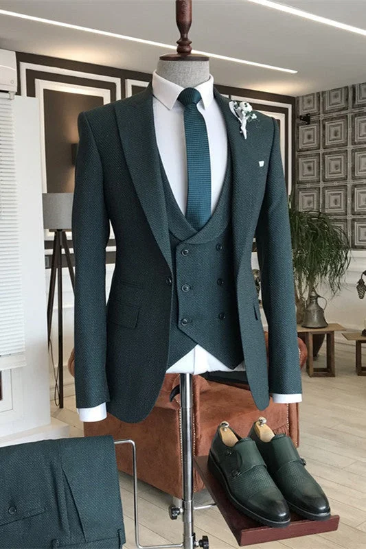 Deep Turquoise Peaked Lapel Three Pieces Prom Suits for Men Slim Fit Wedding Suits