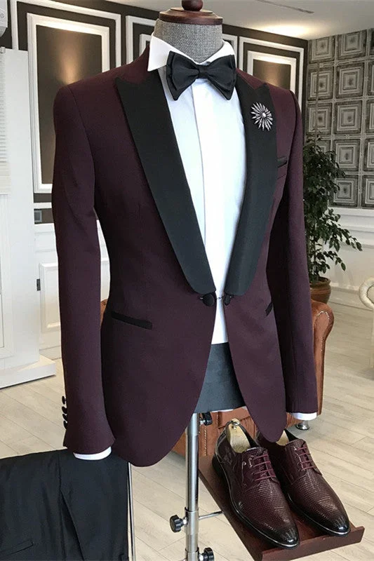 Deep Wine Peaked Lapel Two Pieces Wedding Suits for Men