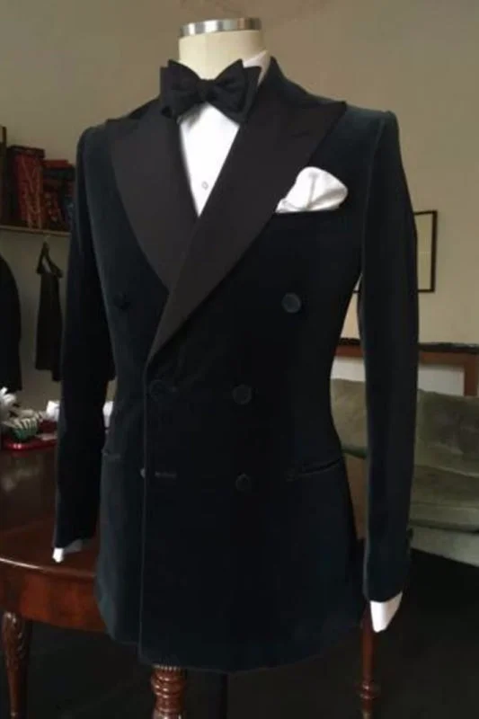 Double Breasted Black Peaked Lapel Velvet Prom Suits Two Pieces Custom Wedding Suits