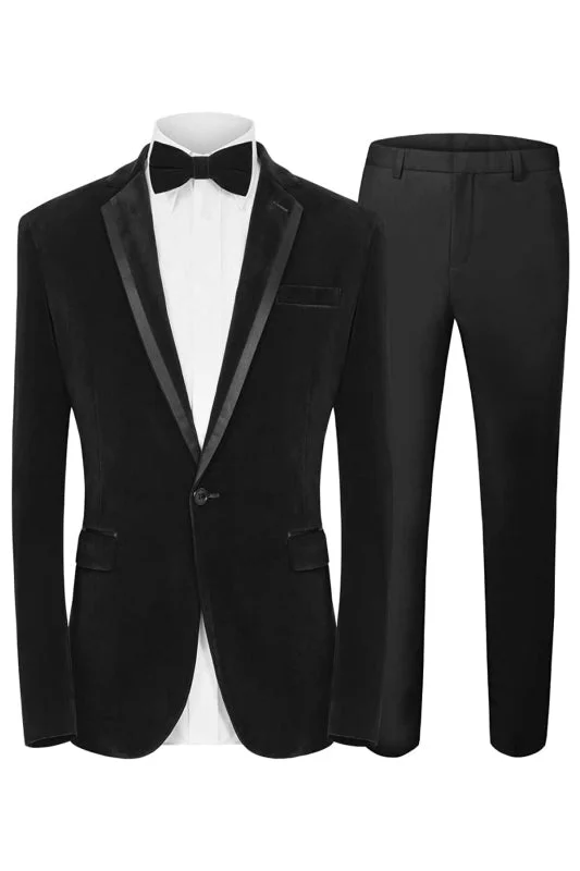 Fancy Black Notched Lapel Two Pieces Velvet Prom Suits One Buttom Wedding Groom Suits