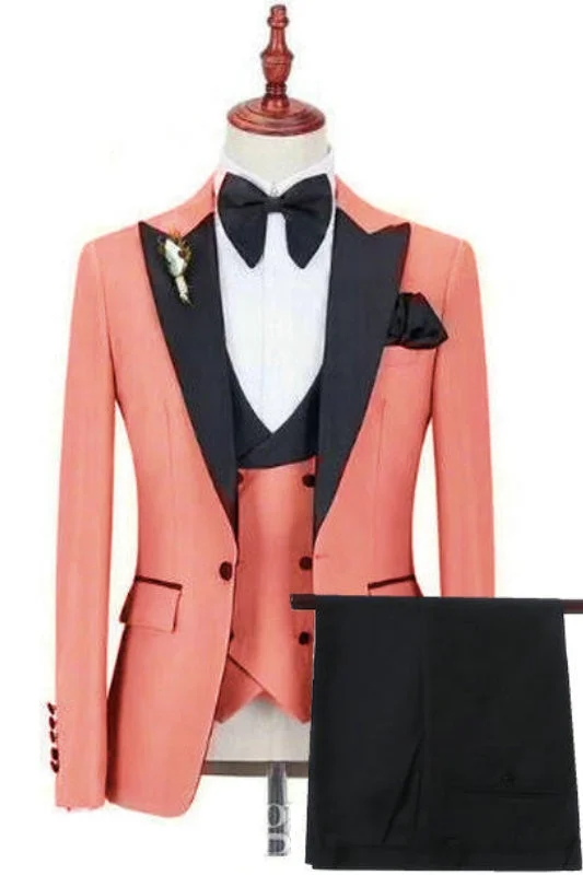 Fancy Coral Three Pieces Prom Suits with Black Peaked Lapel