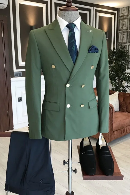 Fancy Dark Green Peaked Lapel Double Breasted Prom Suits Two Pieces Wedding Groom Suits