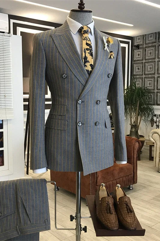 Fancy Gray Double Breasted Striped Business Suits with Peaked Lapel