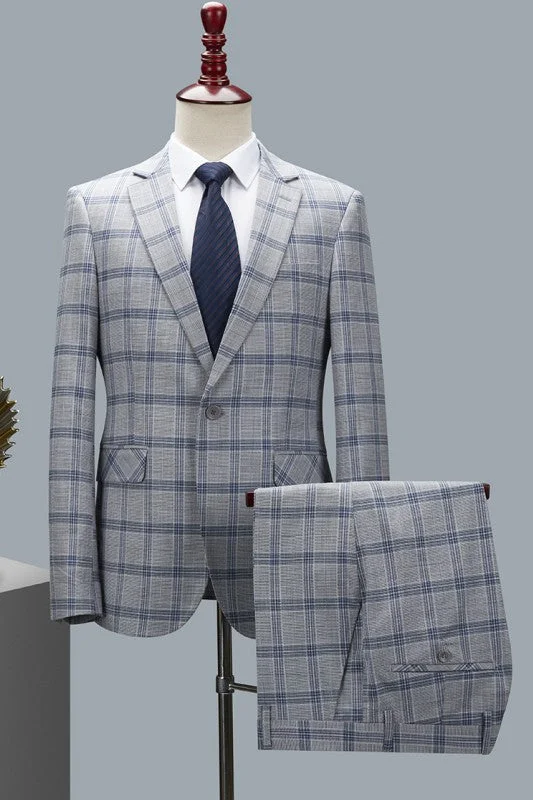 Fancy Gray Plaid Two Pieces Tuxedos Notched Lapel Business Suits Prom Suits