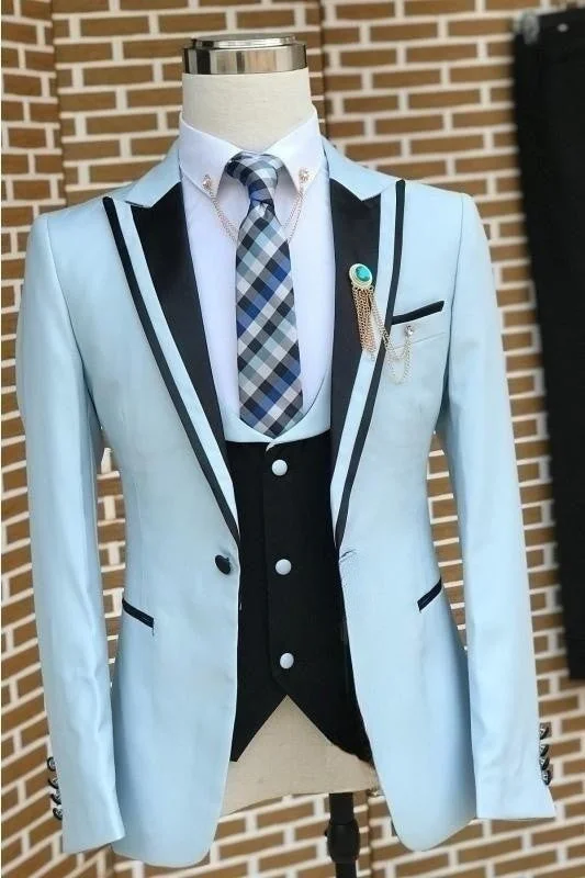 Fancy Light Blue Slim Fit Three Pieces Prom Suits With Black Lapel