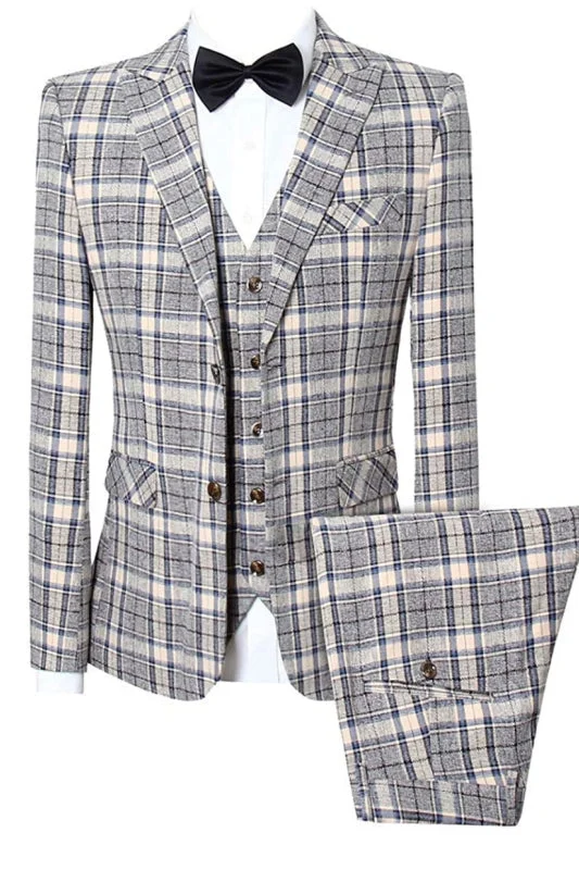 Fashion Plaid Peaked Lapel Business Suits Three Pieces Slim Fit Tuxedos Blazer Vest Pants