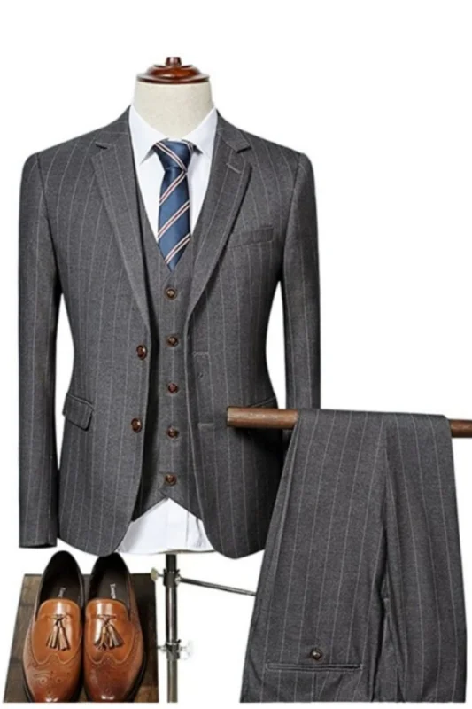 Formal Gray Striped Notched Lapel Business Suits Three Pieces Tuxedos