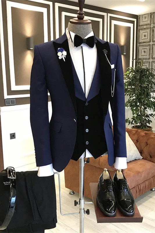 Formal Navy Blue Three Pieces Business Suits Men with Black Peaked Lapel Prom Suits