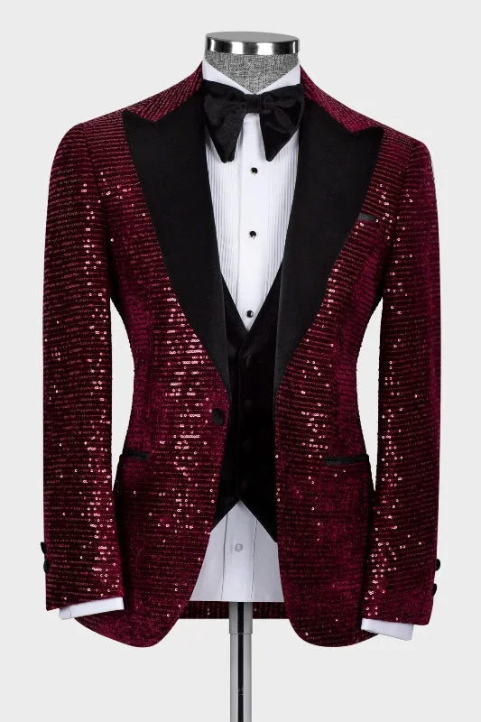 Generous Burgundy Three Pieces Sequins Prom Suits Peaked Lapel Slim Fit Wedding Groom Tuxedos