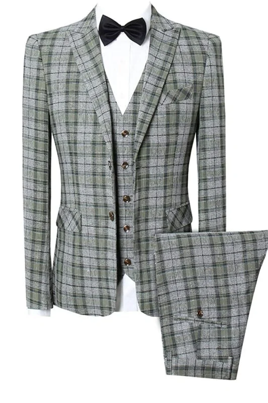 Green Plaid Peaked Lapel Three Pieces Business Suits Tuxedos Wedding Party Groom Blazer Vest Pants