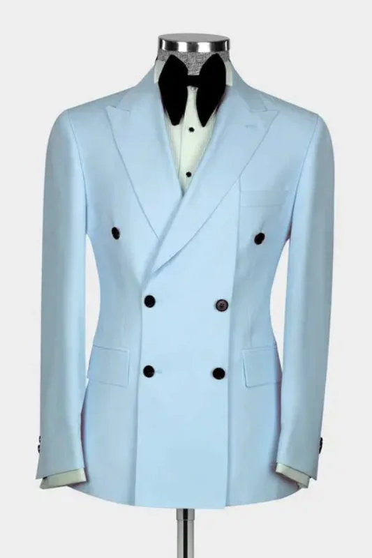 Light Blue Peaked Lapel Double Breasted Modern Wedding Suit for Groom