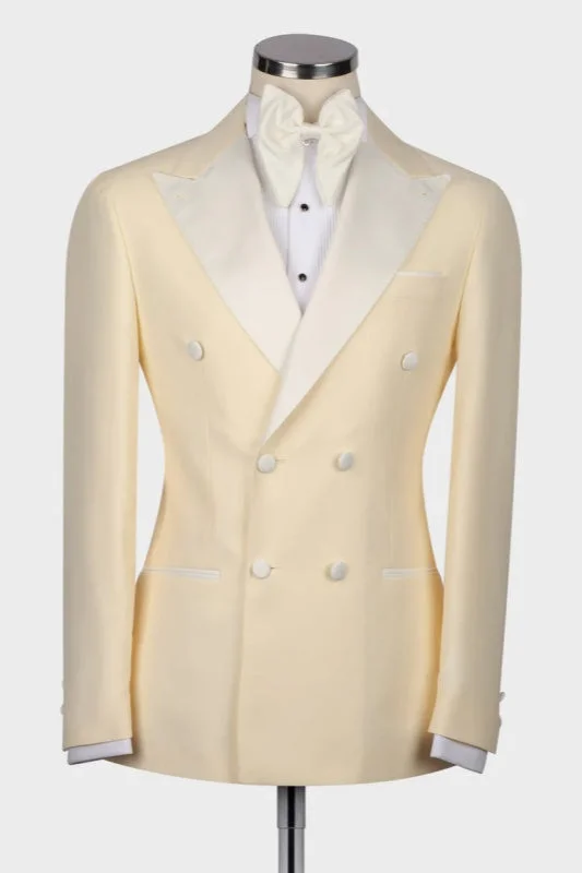 Light Champagne Peaked Lapel Double Breasted Wedding Suits Two Pieces Blazer Party Singer Groom