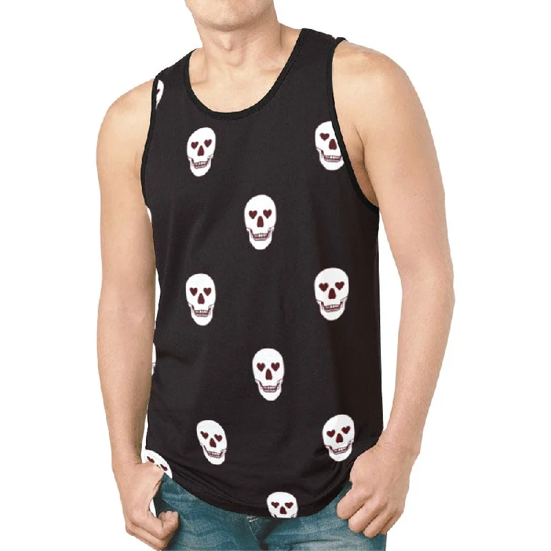 Men's Black Heart Eyes White Skulls Tank Top