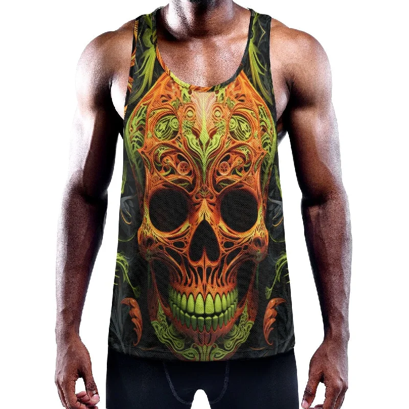 Men's Orange Skull Face Y-Back Muscle Tank Top