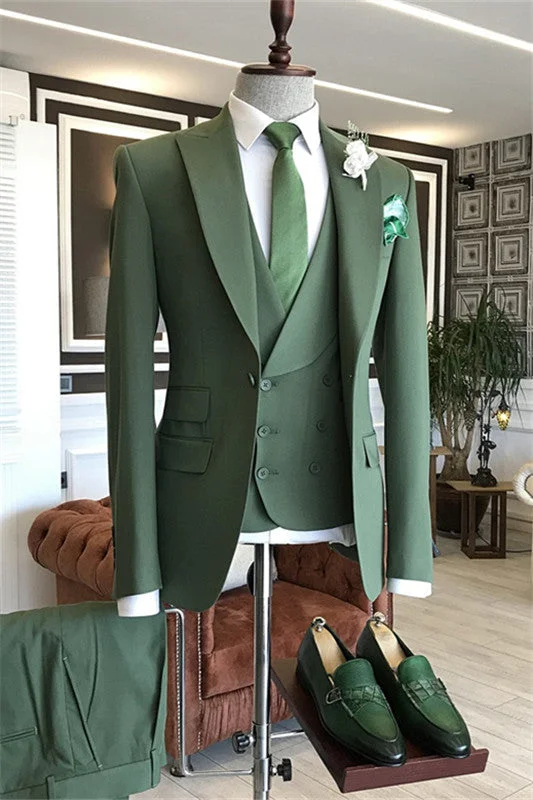 Modern Dark Green Three Pieces Prom Suits Peaked Lapel Slim Fit Wedding Suits