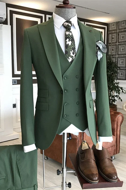 Modern Green Peaked Lapel Three Pieces Business Suits Slim Fit Wedding Suit for Groom