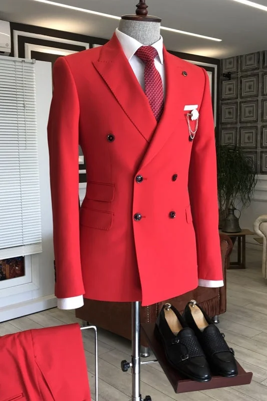 Modern Red Double Breasted Prom Suits with Peaked Lapel Formal Business Suits